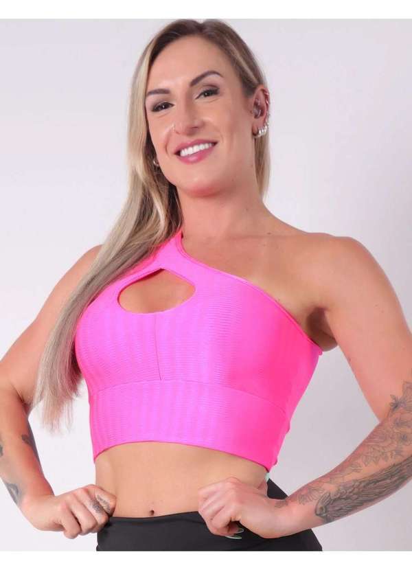 Fitmoda - Cropped Fitness Feminino com Bojo em Poliamida e Decote Gota Rosa