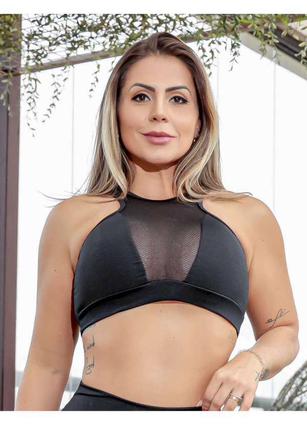Fitmoda - Cropped Fitness Feminino sem Bojo e com Recortes em Tela Preto