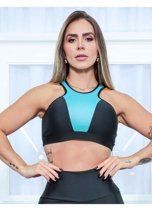 Fitmoda - Top sem Bojo para Academia com Recortes em Tela e Cirre Verde 1