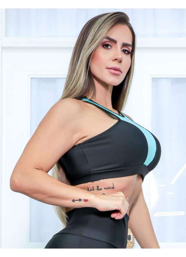 Fitmoda - Top sem Bojo para Academia com Recortes em Tela e Cirre Verde 3