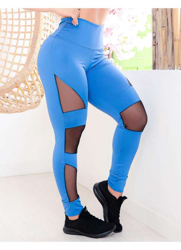 Calca Legging para Academia com Recortes em Tule Azul - FitModa