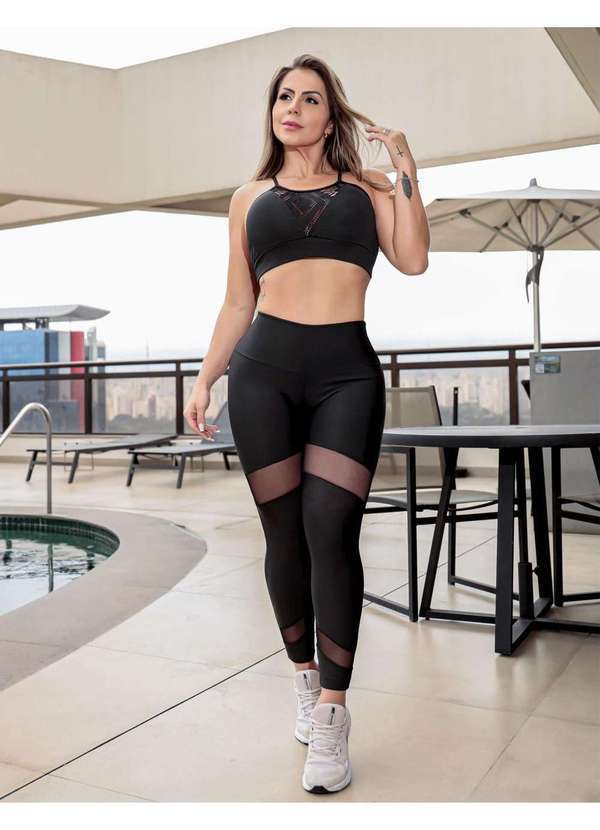 Fitmoda - Conjunto Fitness Calca Legging com Tule e Top com Bojo Preto