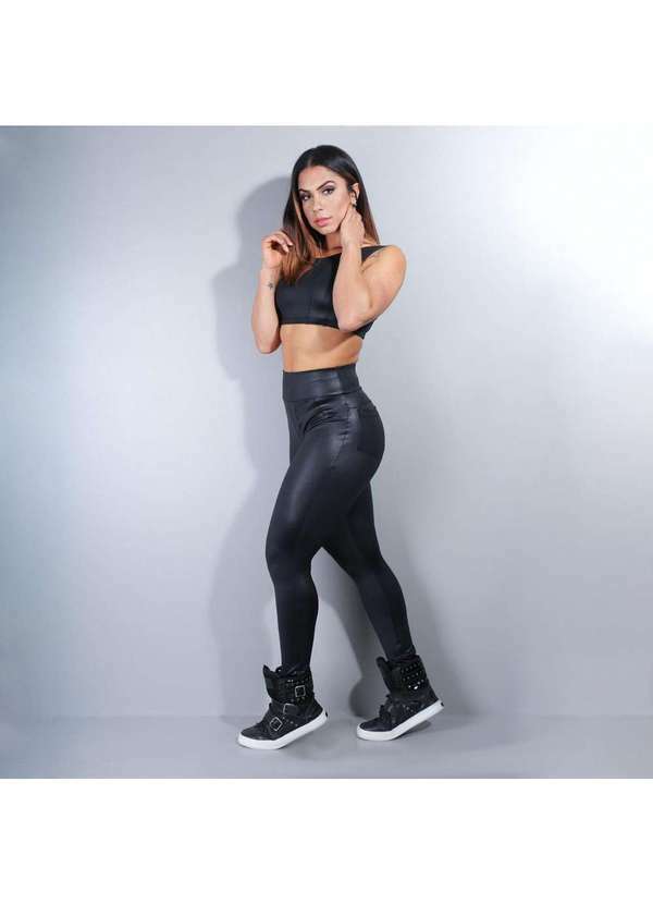 Fitmoda - Conjunto Fitness em Cirre com Legging e Cropped sem Bojo Preto