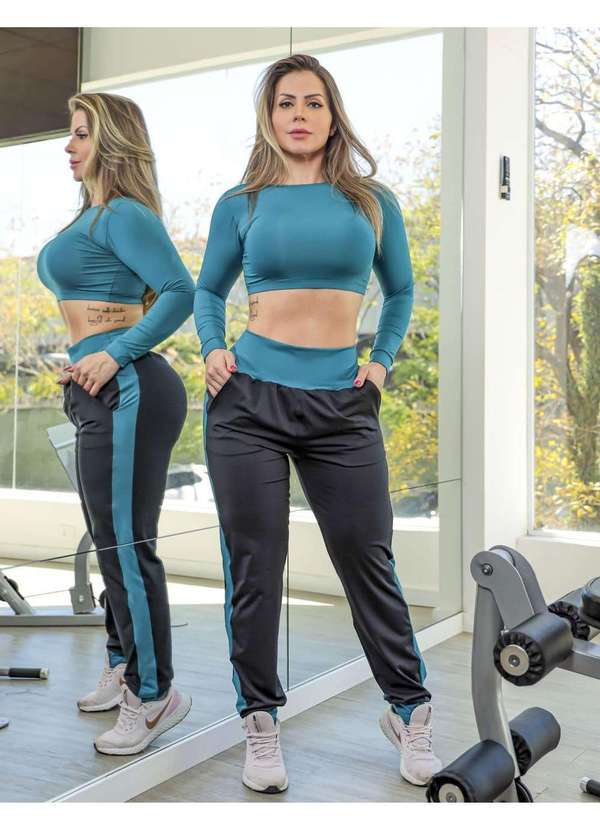 Fitmoda - Conjunto Fitness Feminino com Cropped Fitness e Calca Jogger Preto