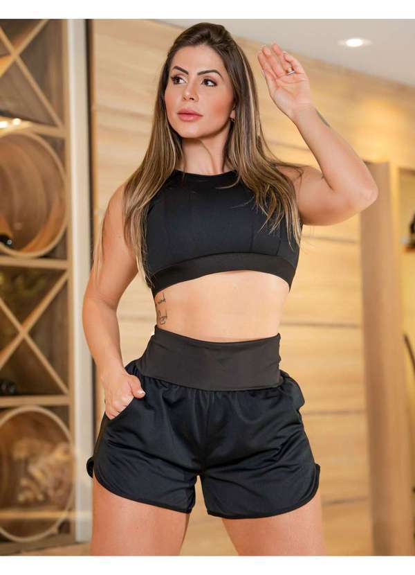 Fitmoda - Conjunto Fitness Feminino Running Short e Cropped Academia Preto