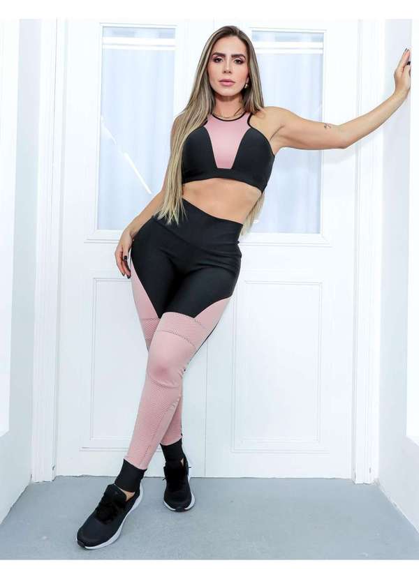 Fitmoda - Conjunto Fitness Top e Legging com Recortes para Academia Rosa 3
