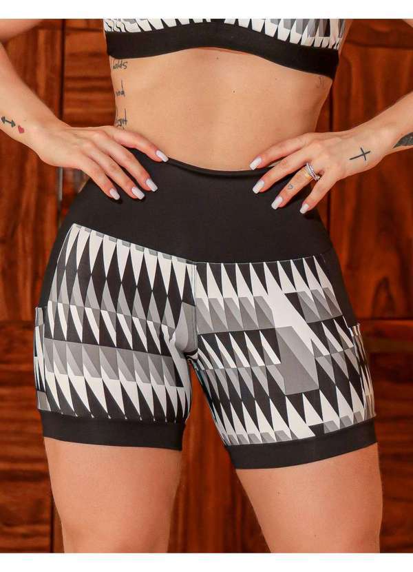 Fitmoda - Short Feminino Estampado Cintura Alta com Bolsos Laterais Estampado