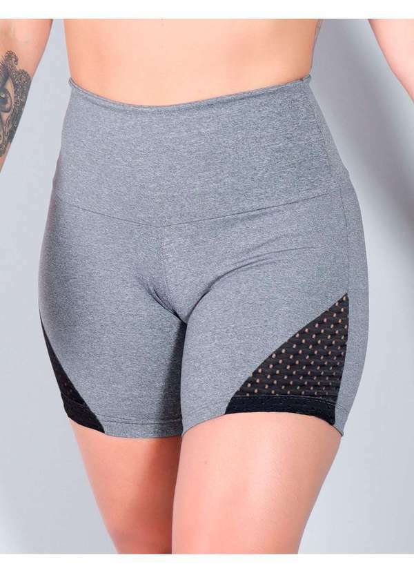 Fitmoda - Short Feminino Fitness com Recortes de Tela Preta Cinza