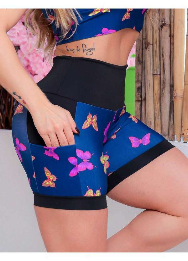 Fitmoda - Short Feminino Fitness Estampado Cos Alto e Bolsos Estampado