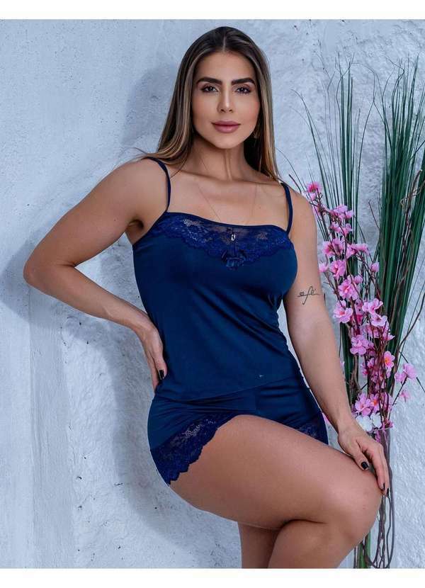 Fitmoda - Baby Doll Feminino de Renda e Microfibra Sensual Azul 3
