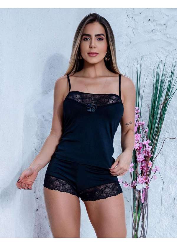 Fitmoda - Baby Doll Feminino de Renda e Microfibra Sensual Preto