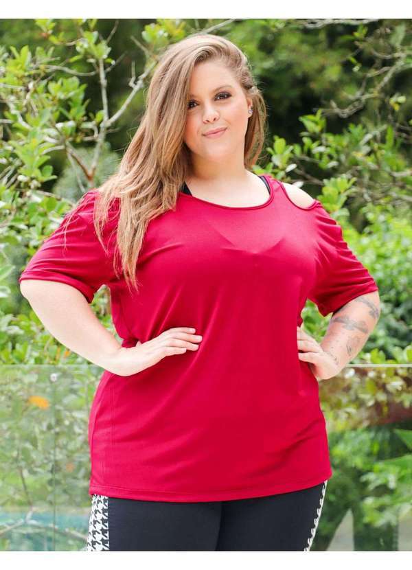Fitmoda - Blusa Fitmoda Fitness Plus Size com Recorte nos Ombros Vinho Vermelho