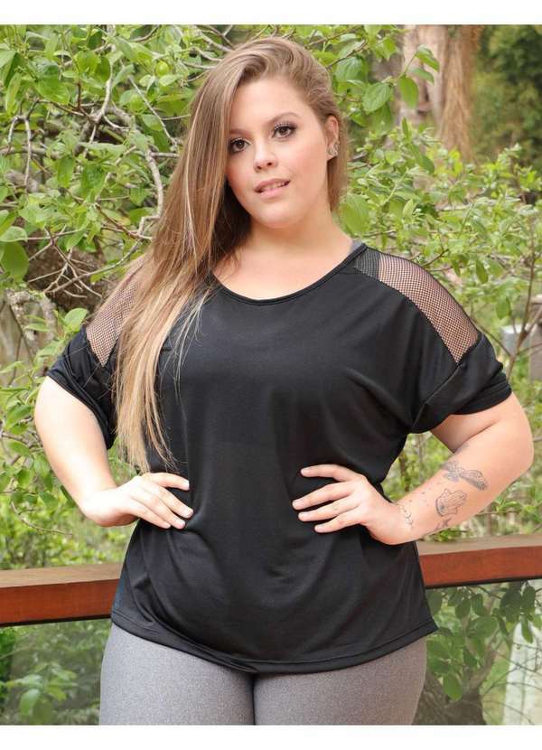Fitmoda - Blusa Feminina Plus Size em Dry Fit Furadinho Preto com Tela Preto