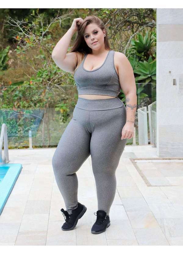 Fitmoda - Conjunto Plus Size Fitness com Legging e Cropped Cinza
