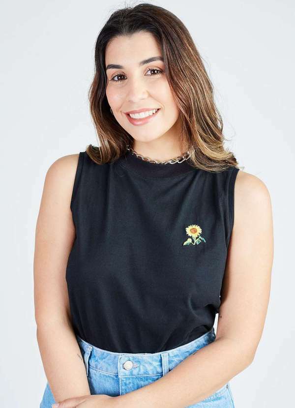 Gang - Blusa Regata Bordado Girassol Preta Gang Feminina Preto