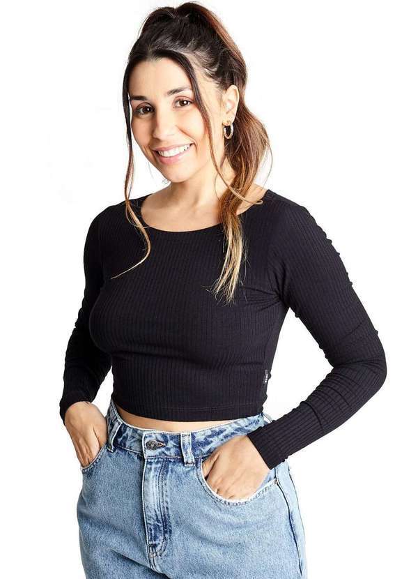 Gang - Blusa Basica Cropped Manga Longa Preta Gang Feminina Preto