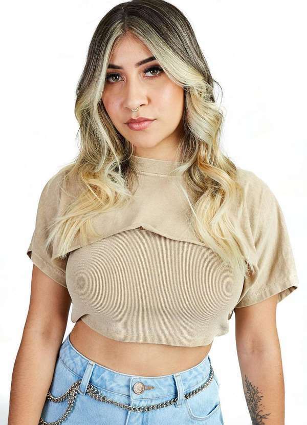 Gang - Blusa Cropped Sobreposicao Caqui Gang Feminina Bege