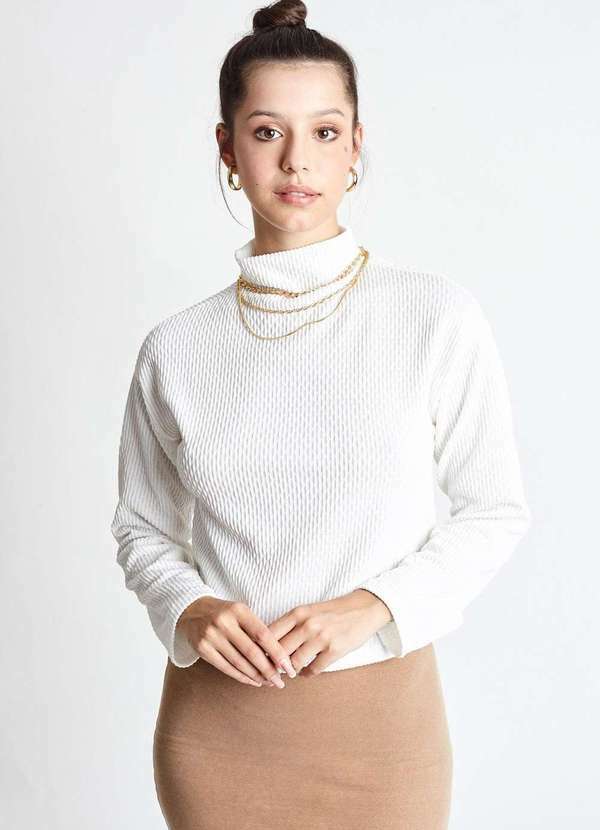 Gang - Blusa Manga Longa Gola Alta Off White Gang Feminina Nude