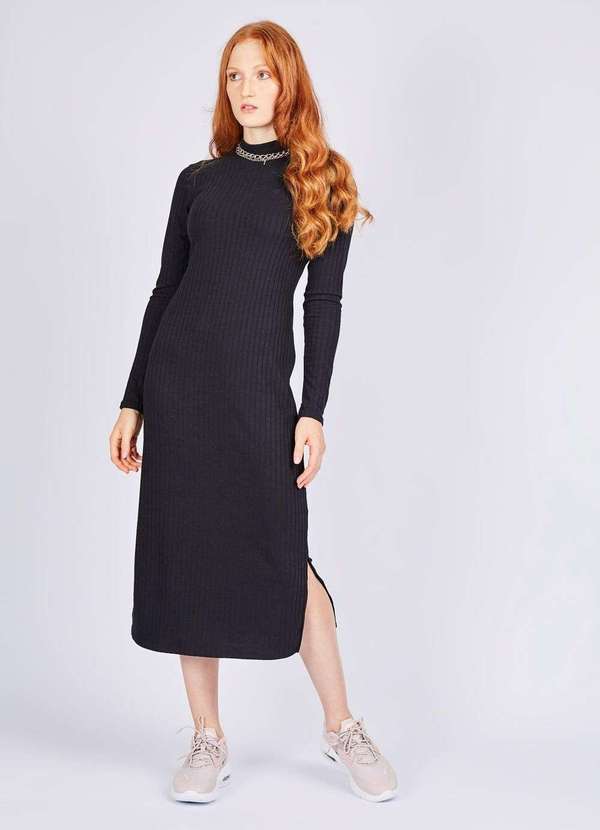Gang - Vestido Canelado Preto Gola Alta Gang Feminino Preto
