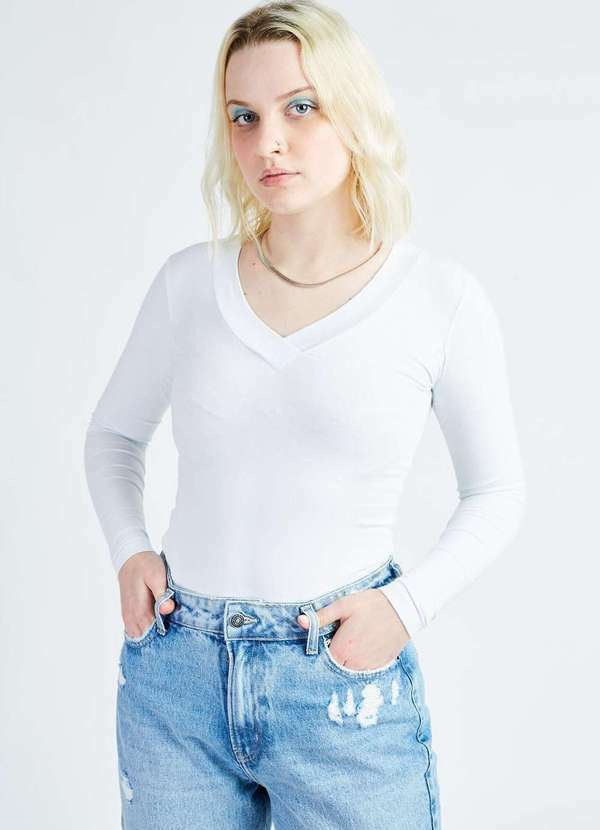 Gang - Blusa Basica Manga Longa Decote V - Branco Branco