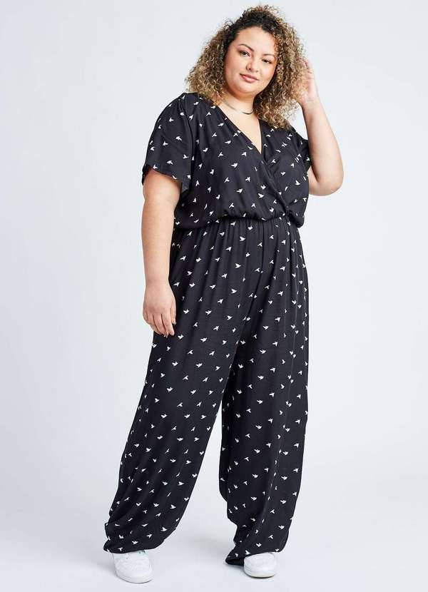 Gang - Macacao Longo Estampado Preto Gang Plus Size Feminino Preto