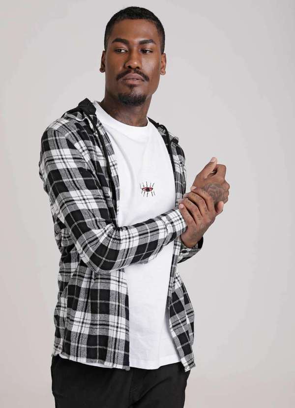 Gang - Camisa Xadrez Preta com Capuz Gang Masculina Preto