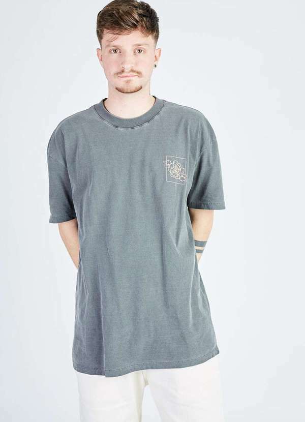 Gang - Camiseta Chumbo Estonada Silk Flor Gang Masculina Cinza