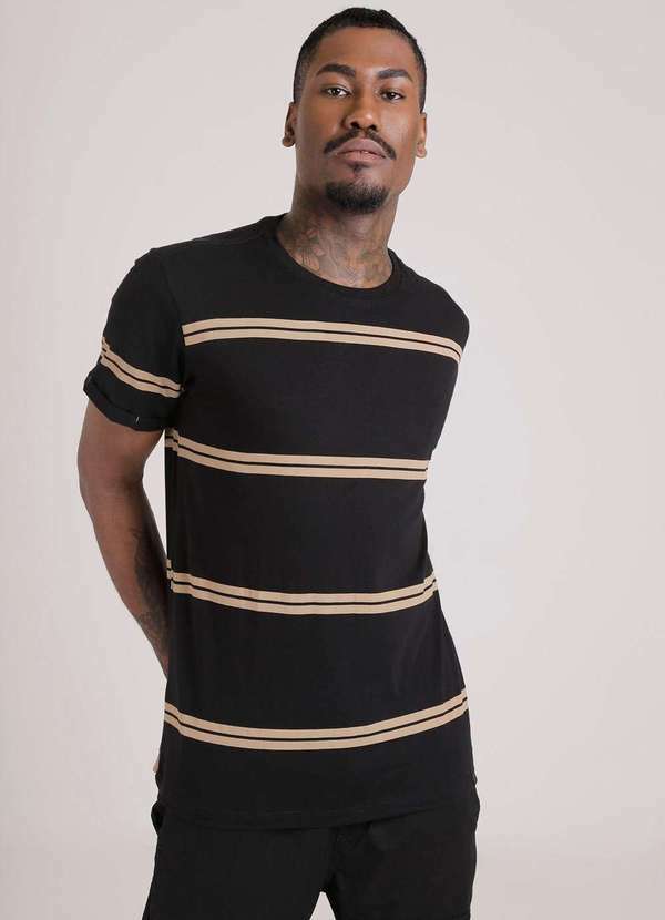 Gang - Camiseta Manga Curta Preta Listras Caqui Gang Masculina Preto
