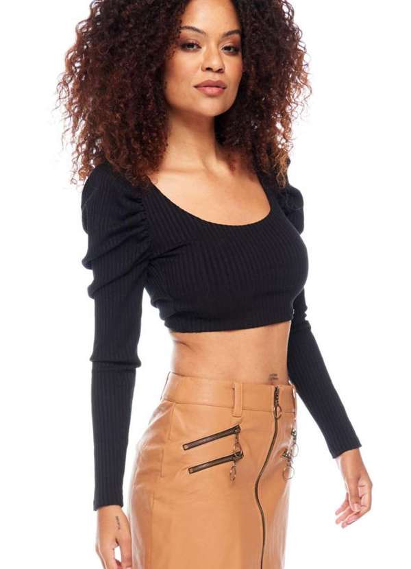 Limone - Cropped Limone Ondule Manga Longa Preto Preto