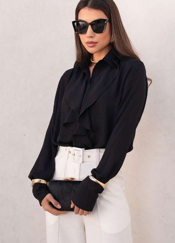 Miss Misses - Blusa Aghata Crepe C/Babado C/Botao Manga Longa Preto