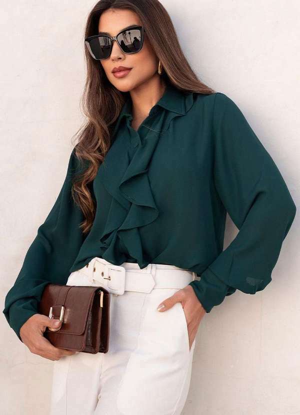 Miss Misses - Blusa Aghata Crepe C/Babado C/Botao Manga Longa Verde
