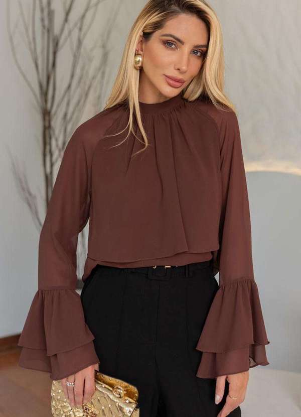 Miss Misses - Blusa Andressa Manga Longa Detalhe Capa Marrom Marrom 1