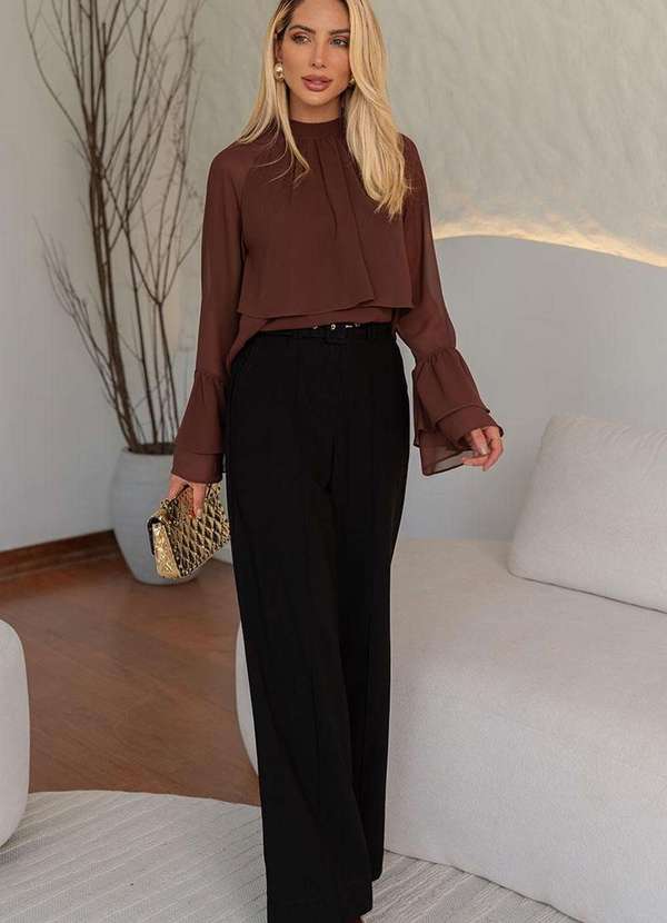 Miss Misses - Blusa Andressa Manga Longa Detalhe Capa Marrom Marrom 5