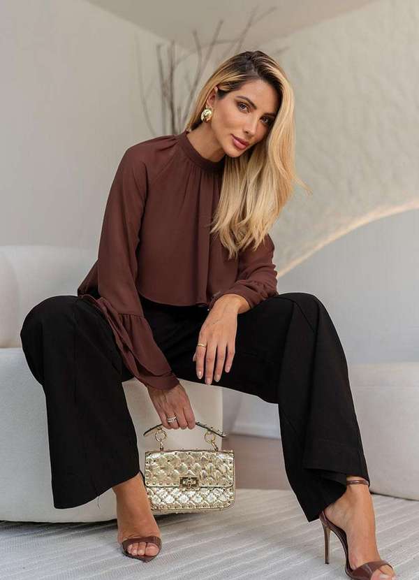 Miss Misses - Blusa Andressa Manga Longa Detalhe Capa Marrom Marrom 7