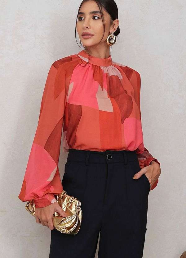 Miss Misses - Blusa Carla Gola Franzida Manga Longa Laranja