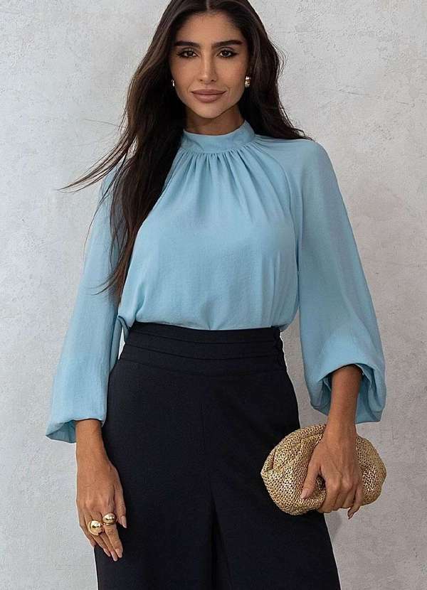 Miss Misses - Blusa Celina Crepe c/ Gola Franzida Manga Longa Azul