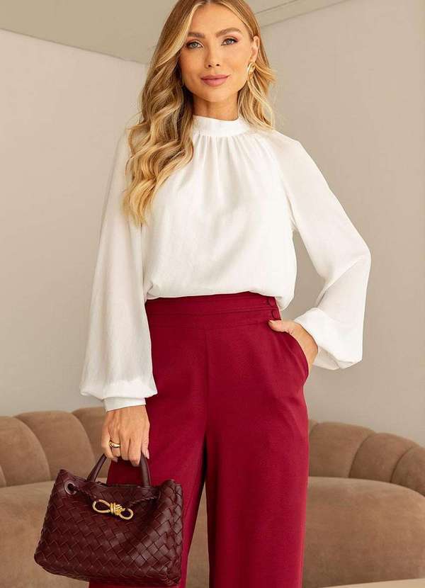 Miss Misses - Blusa Celina Crepe c/ Gola Franzida Manga Longa Branco
