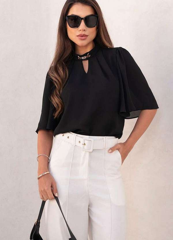 Miss Misses - Blusa Cleide Crepe C/Detalhe Metal Gola Preto