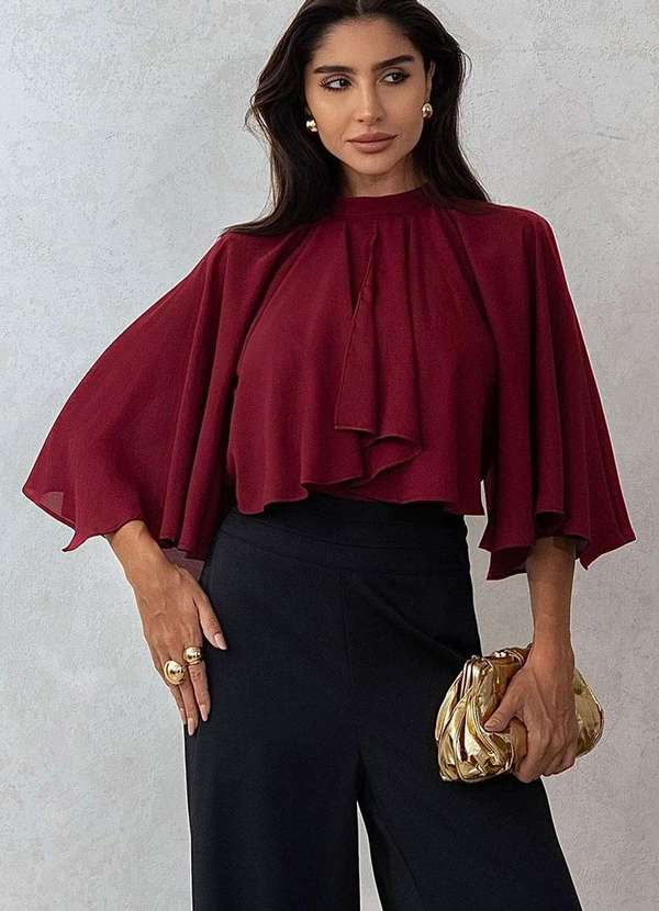 Miss Misses - Blusa Crepe Vanda Sobreposicao c/ Botao Vermelho