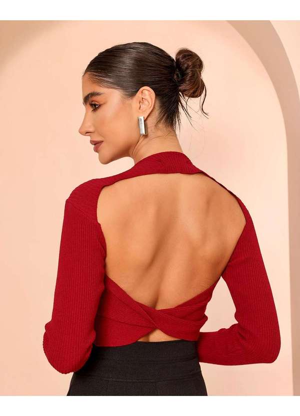 Dot Clothing - Blusa Cropped Dot Clothing Manga Longa Bordo Vermelho 2