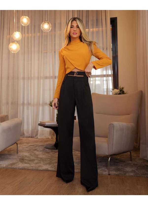 Dot Clothing - Blusa Dot Clothing Drapeada Manga Longa Mostarda Amarelo 3