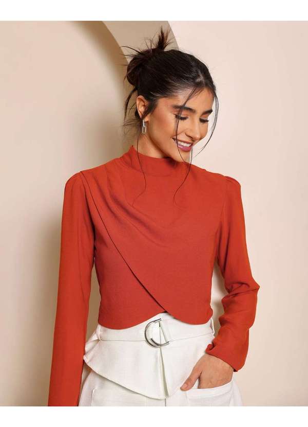 Dot Clothing - Blusa Dot Clothing Drapeada Manga Longa Telha Vermelho 1