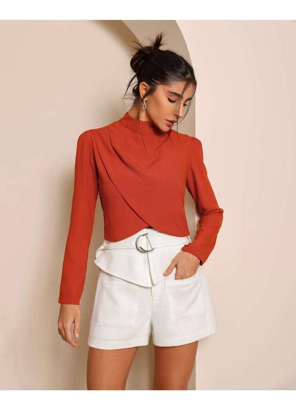 Dot Clothing - Blusa Dot Clothing Drapeada Manga Longa Telha Vermelho 5