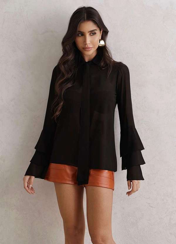 Dot Clothing - Blusa Dot Clothing Manga Babado Preto