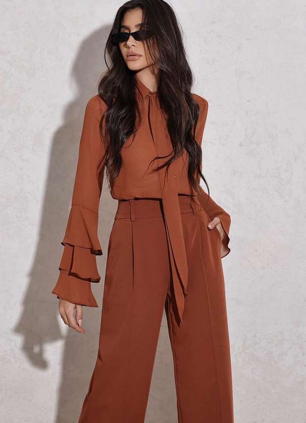 Dot Clothing - Blusa Dot Clothing Manga Babado Marrom