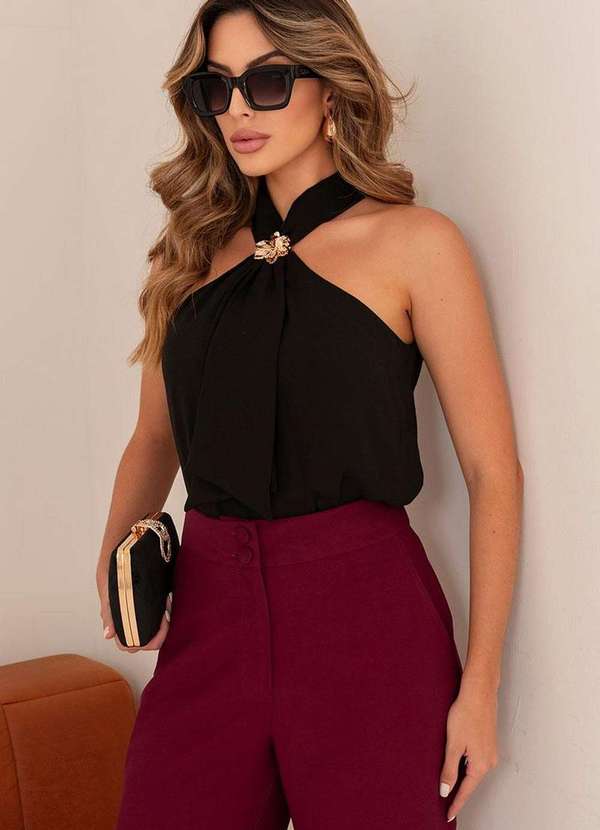 Miss Misses - Blusa Irene C/Detalhe Flor de Metal Preto 3