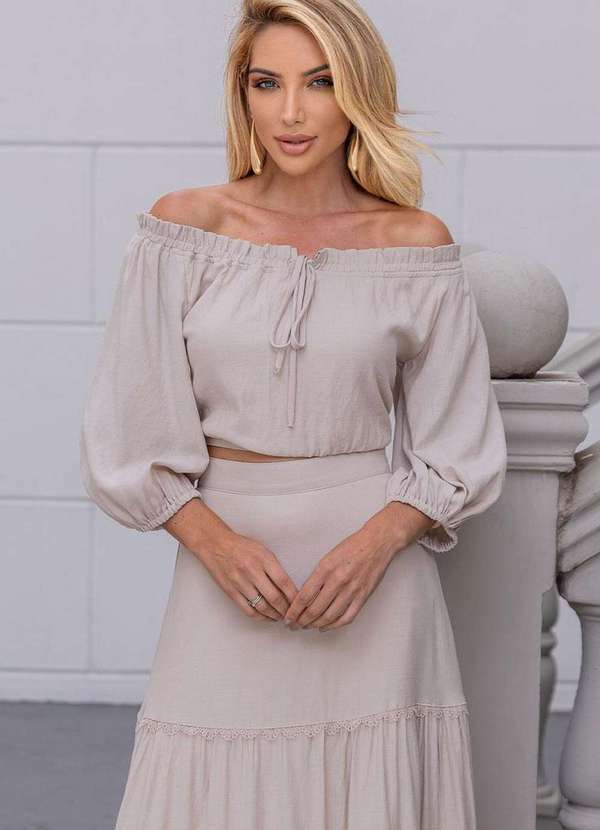 Miss Misses - Blusa Jane Ombro a Ombro Manga Longa Bege