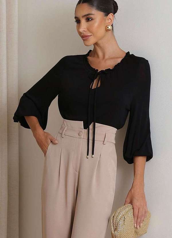 Miss Misses - Blusa Marcia Ombro a Ombro Manga Longa Preto