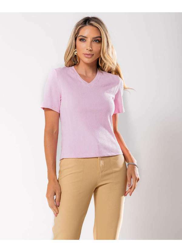 Miss Misses - Blusa Miss Misses Canelada Gola V Manga Curta Rosa Rosa