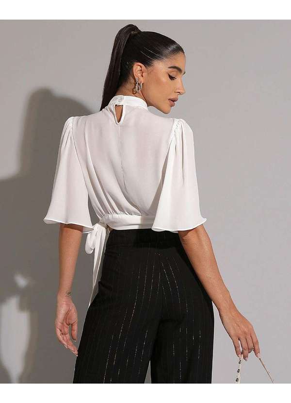 Miss Misses - Blusa Miss Misses Chiffon Manga Gode Amarracao Off White Branco 2